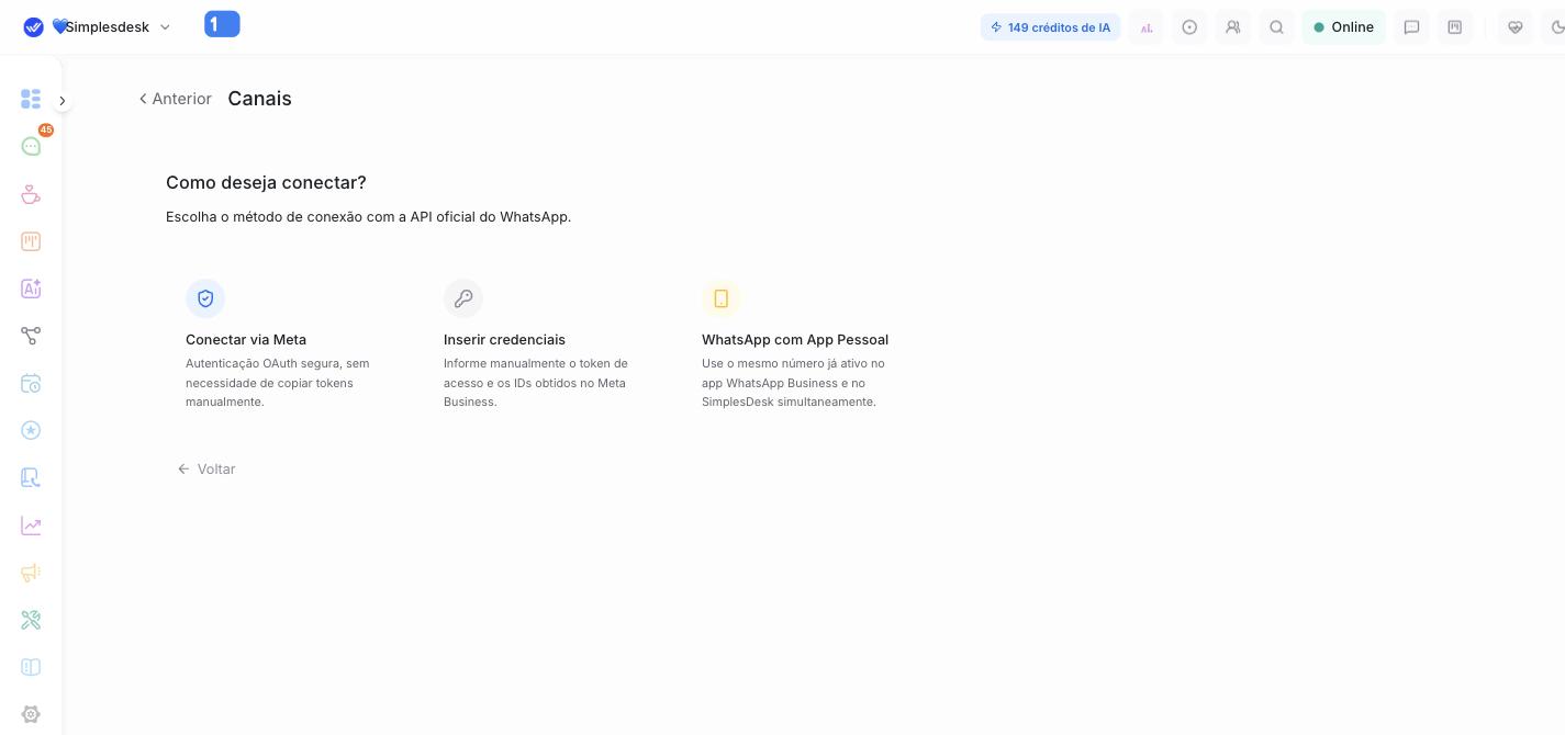 Como deseja conectar — WhatsApp com App Pessoal