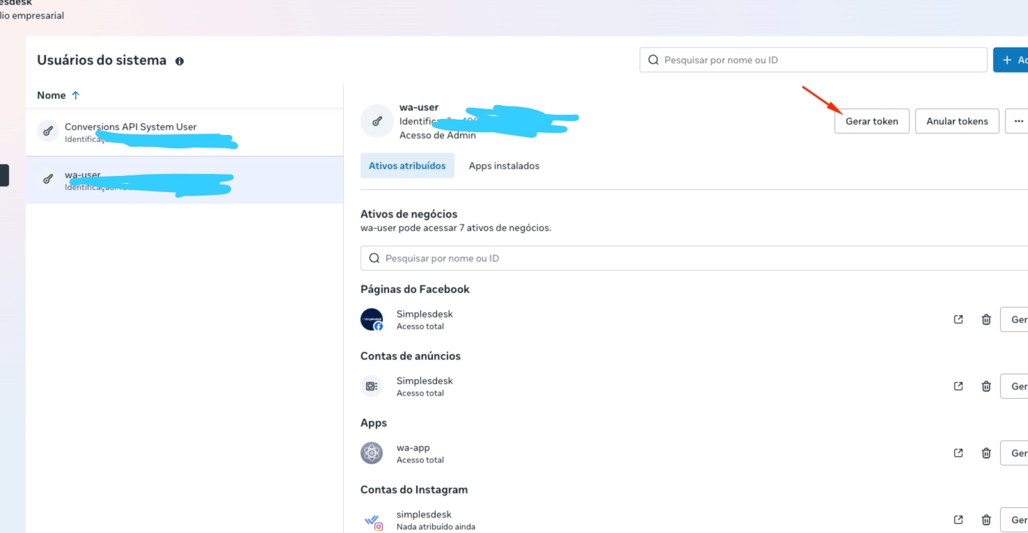 Usuários do sistema — botão Gerar token