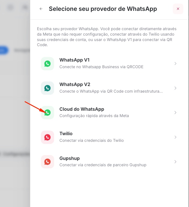 Selecione seu provedor — Cloud do WhatsApp