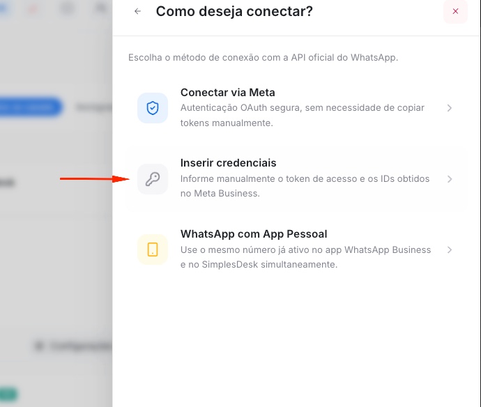 Como deseja conectar — Inserir credenciais