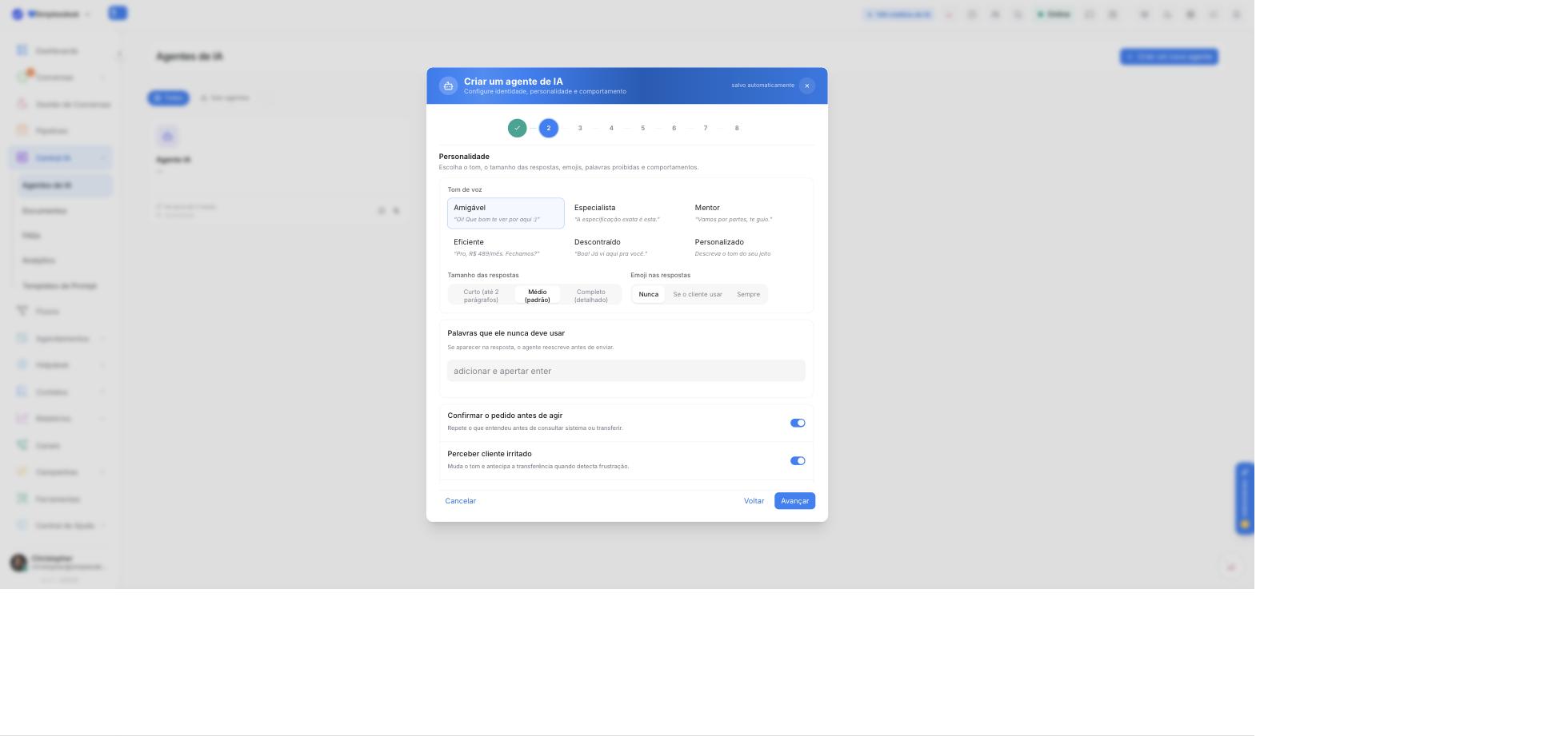 Passo 2 — Personalidade: tom de voz, emojis e palavras proibidas