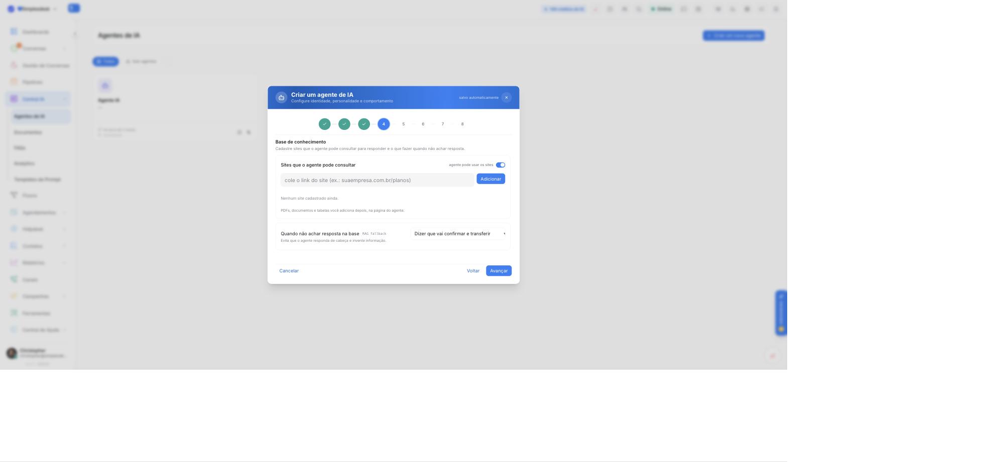Passo 4 — Base de conhecimento: sites e comportamento sem resposta