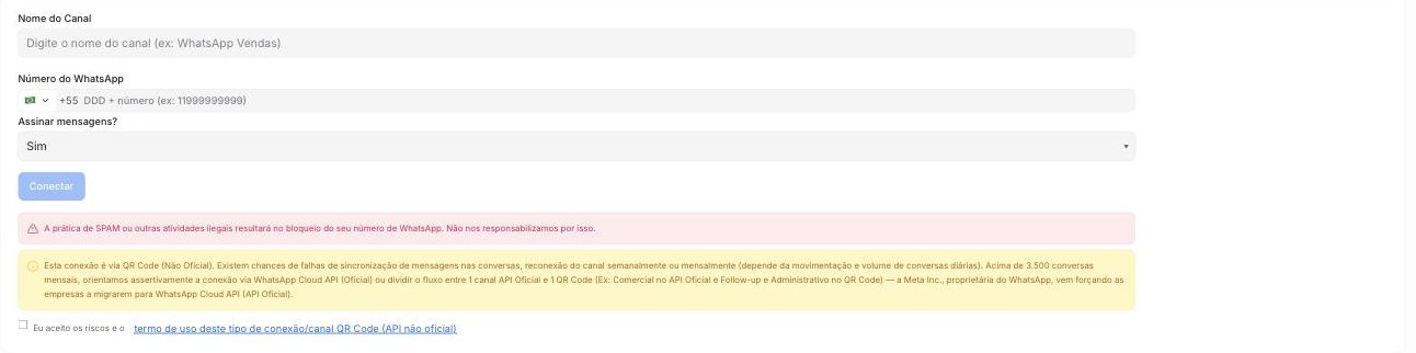Formulário do WhatsApp V1 com os avisos e o termo de uso